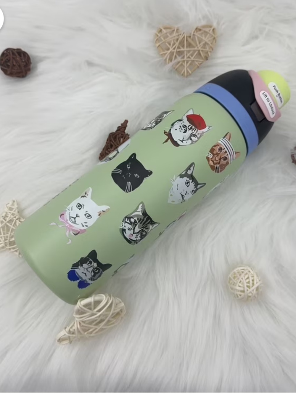 Owala 32oz freesip straw Cat-Themed Insulated Water Bottle - Green print